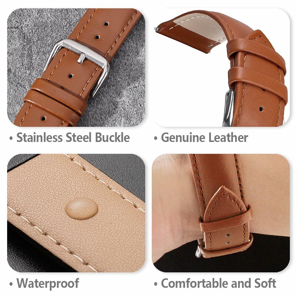 Narako Genuine Calf Leather Watch Band Stainless Steel Buckle 24mm Light Brown