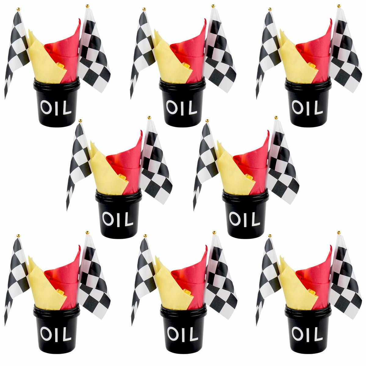 [Like New] HFYZZ Racing Table Centerpieces Set of 8 with Flags Buckets Stickers