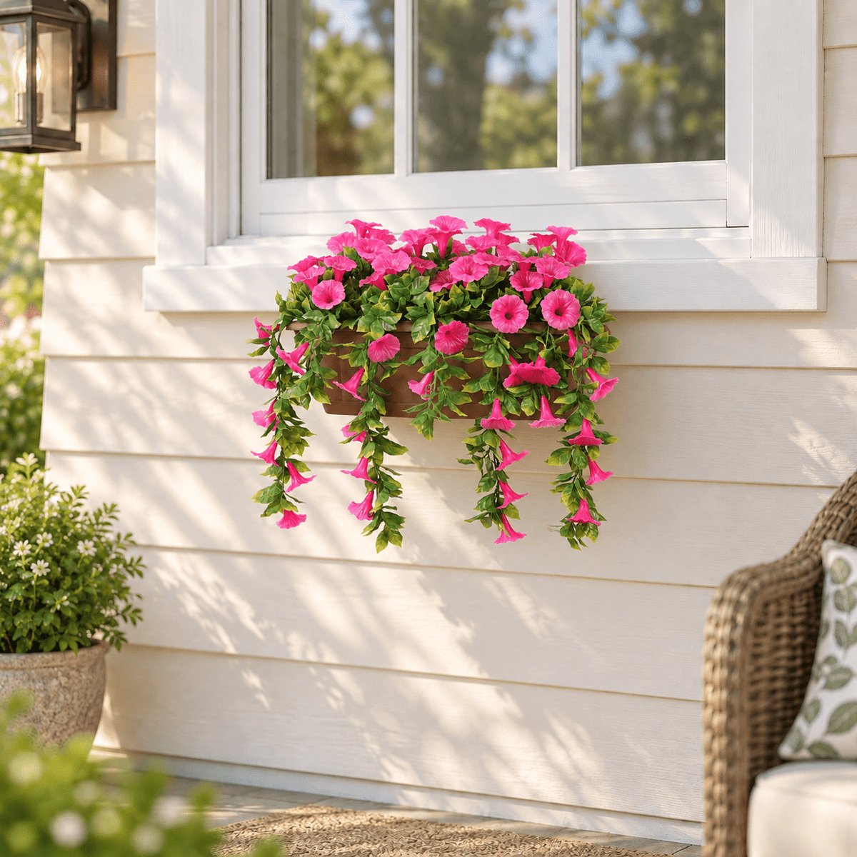 Artificial Window Box Planter – Draping Pink Petunia (20×14in) – UV Resistant