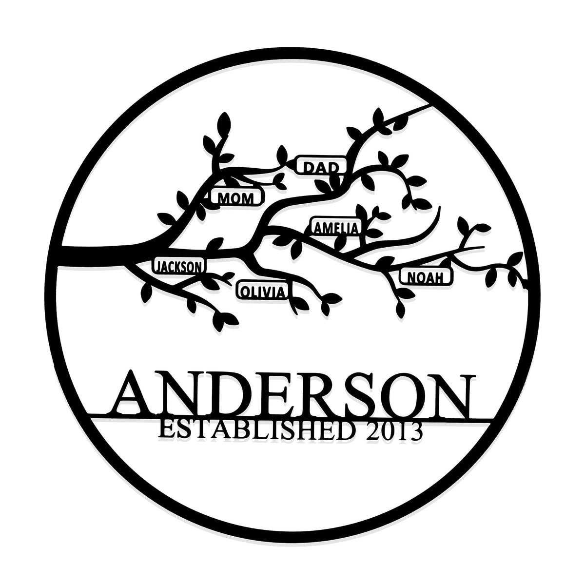 [COL] Personalized Family Branch Metal Sign – Custom Name & Date Wall Art – Laser Cut Steel Circle with Names on Branch