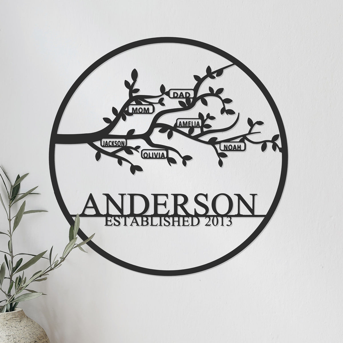 [COL] Personalized Family Branch Metal Sign – Custom Name & Date Wall Art – Laser Cut Steel Circle with Names on Branch