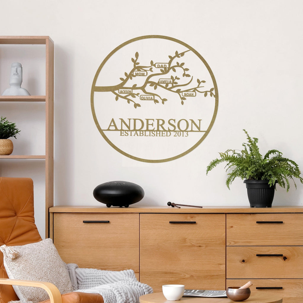 [COL] Personalized Family Branch Metal Sign – Custom Name & Date Wall Art – Laser Cut Steel Circle with Names on Branch