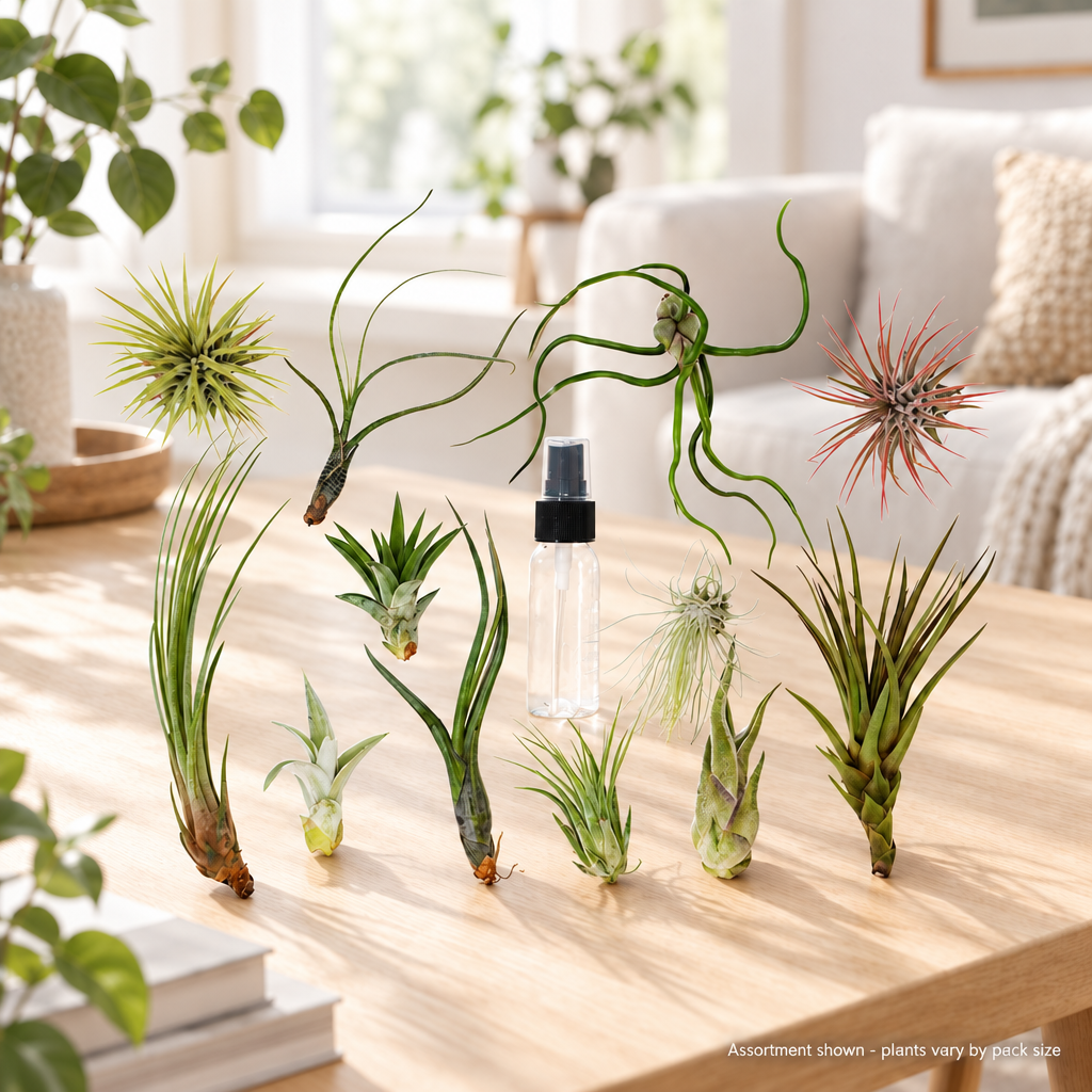 Tillandsia air plants and spray bottle on a wooden table in a living room - assortment shown, plants vary by pack size