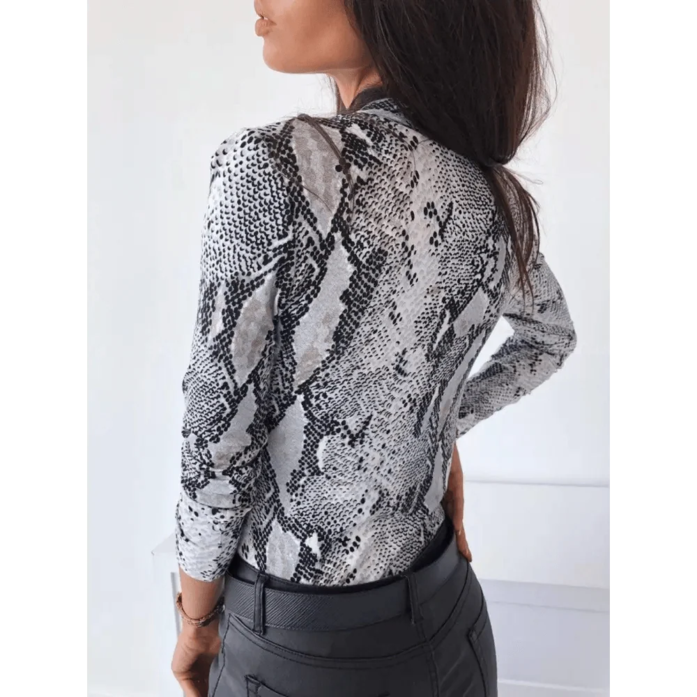 Unique Design Women's Snakeskin Leopard Print Blouse Ladies Casual Long Sleeve V-neck Button Down Bodycon Slim Fit Tops